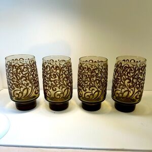 Set of 4 Vintage Libbey PRADO Brown Swirl Design Drinking Glasses Retro 1970’s